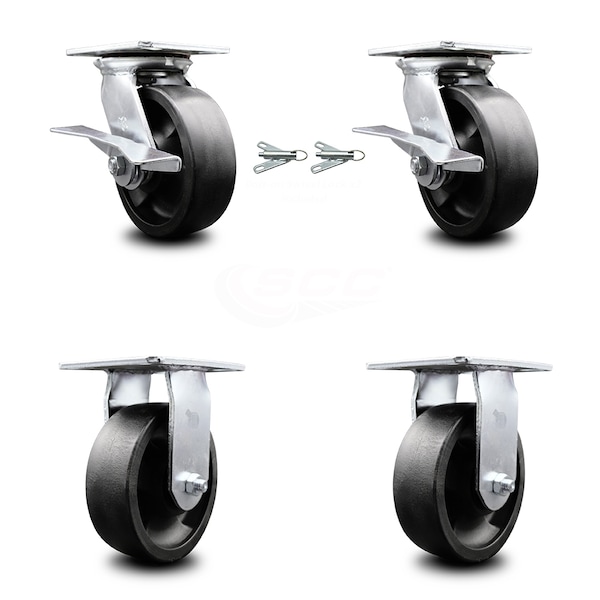 6 Inch Glass Filled Nylon Caster Brakes/Swivel Locks and 2 Rigid SCC, 2PK
